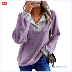 Long Sleeve Patchwork Button Up V Neck Sweatshirt Pullover Top